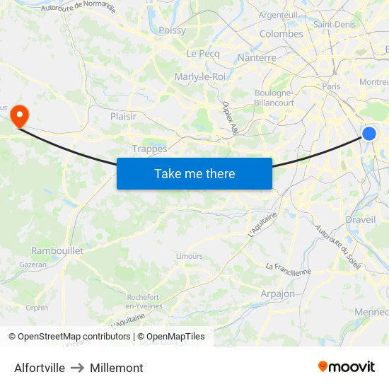 Alfortville to Millemont map