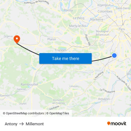 Antony to Millemont map