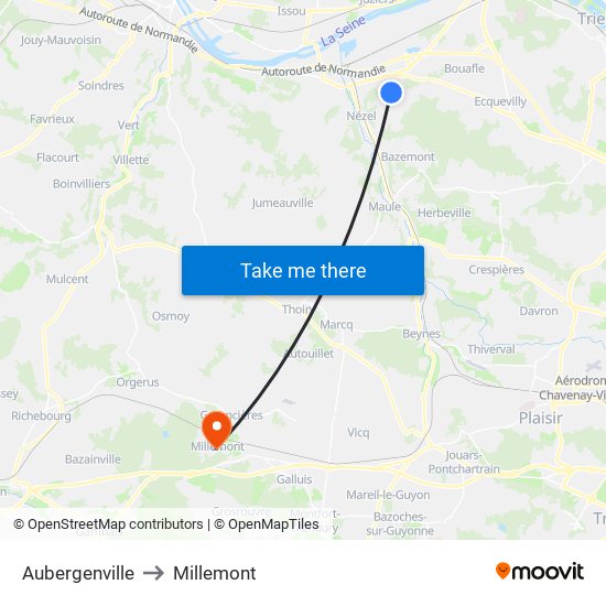 Aubergenville to Millemont map