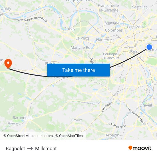Bagnolet to Millemont map