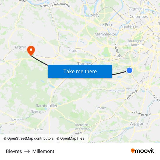 Bievres to Millemont map