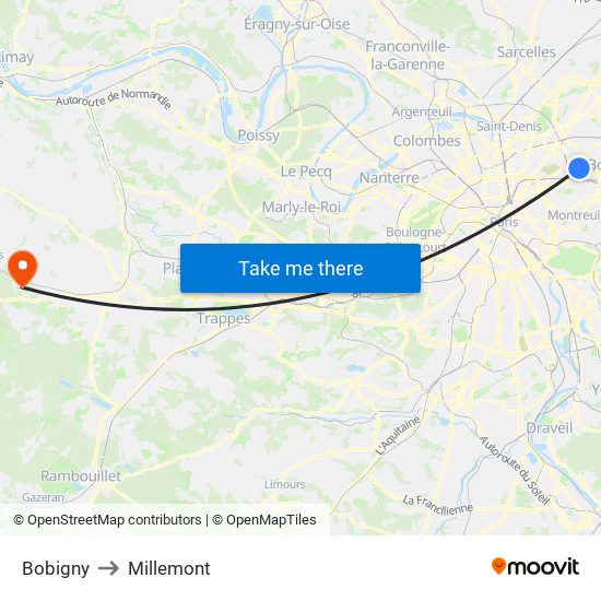 Bobigny to Millemont map