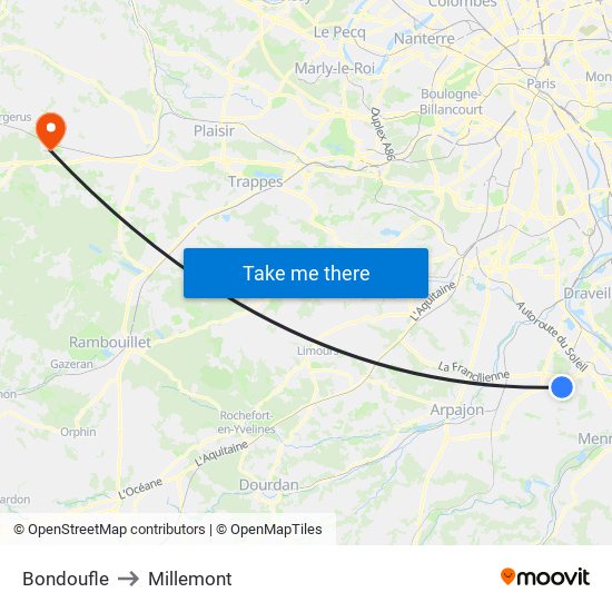 Bondoufle to Millemont map