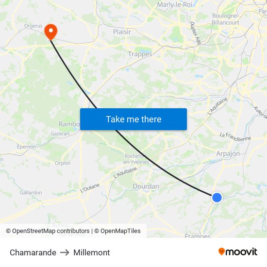 Chamarande to Millemont map