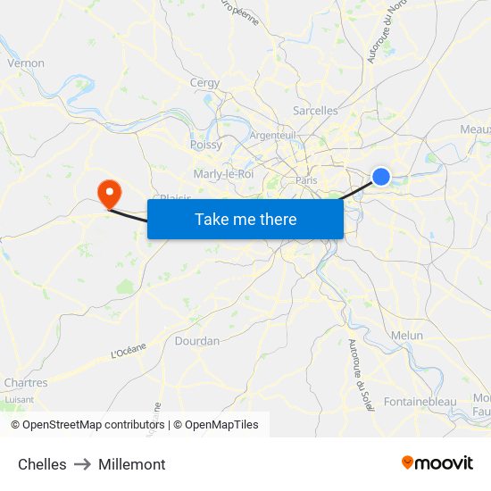 Chelles to Millemont map