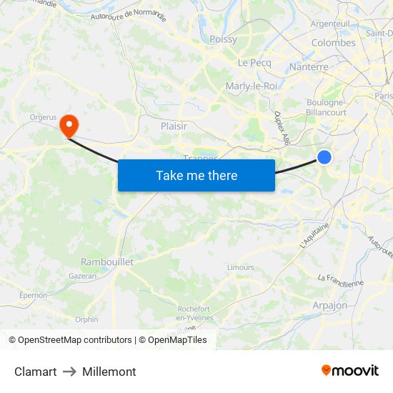 Clamart to Millemont map