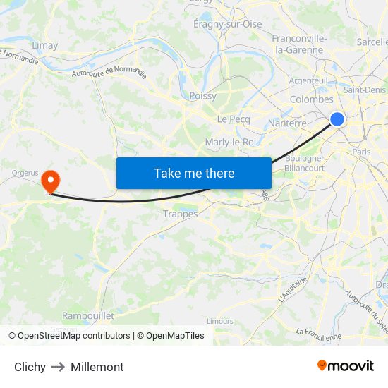 Clichy to Millemont map