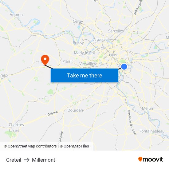 Creteil to Millemont map