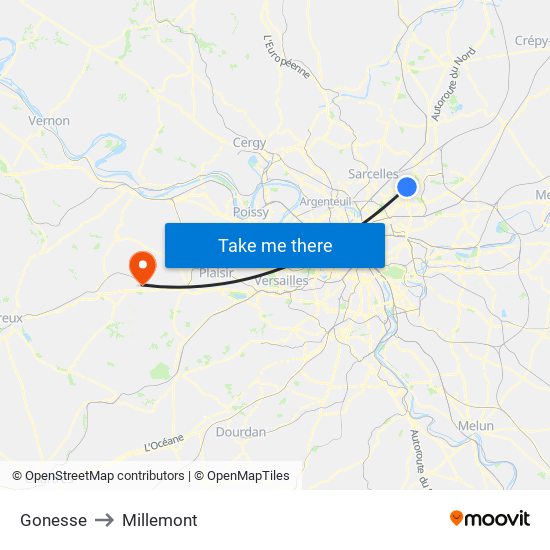 Gonesse to Millemont map