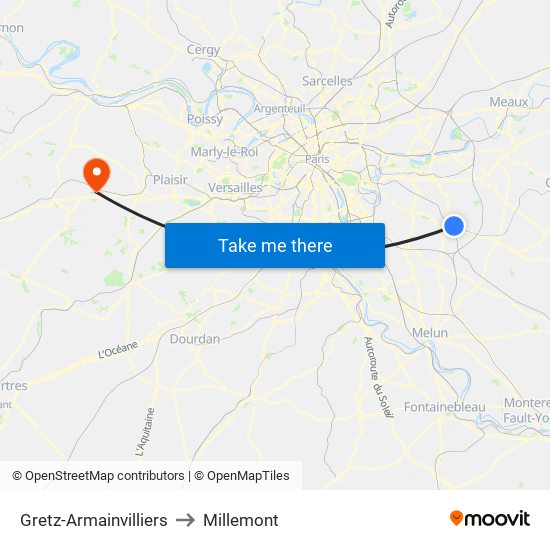 Gretz-Armainvilliers to Millemont map