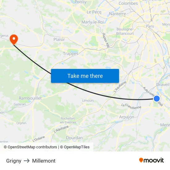 Grigny to Millemont map