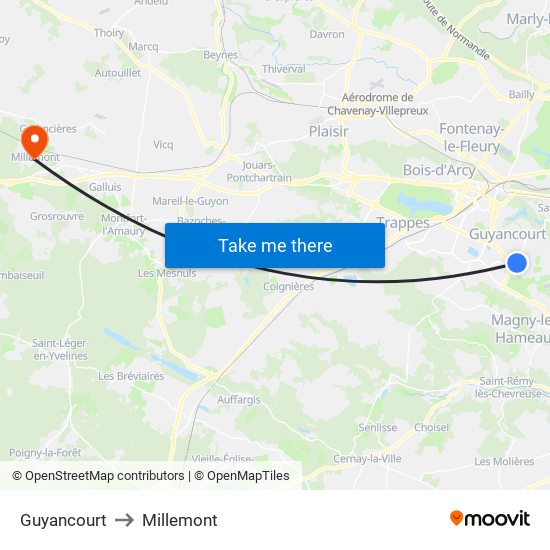 Guyancourt to Millemont map
