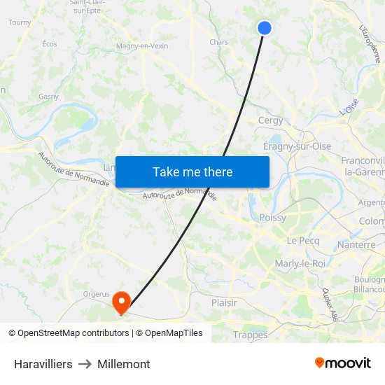 Haravilliers to Millemont map