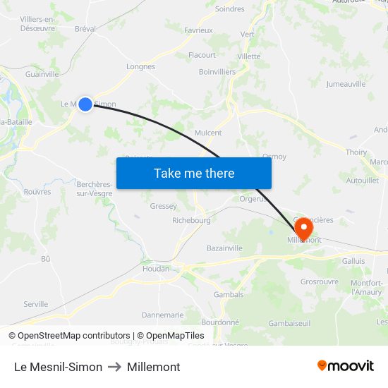 Le Mesnil-Simon to Millemont map