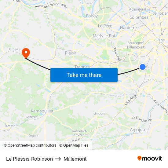 Le Plessis-Robinson to Millemont map