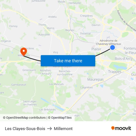 Les Clayes-Sous-Bois to Millemont map