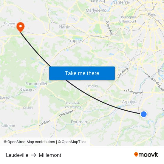 Leudeville to Millemont map