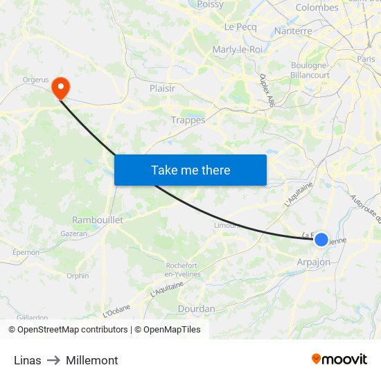 Linas to Millemont map