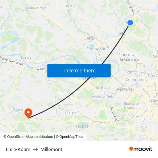 L'Isle-Adam to Millemont map