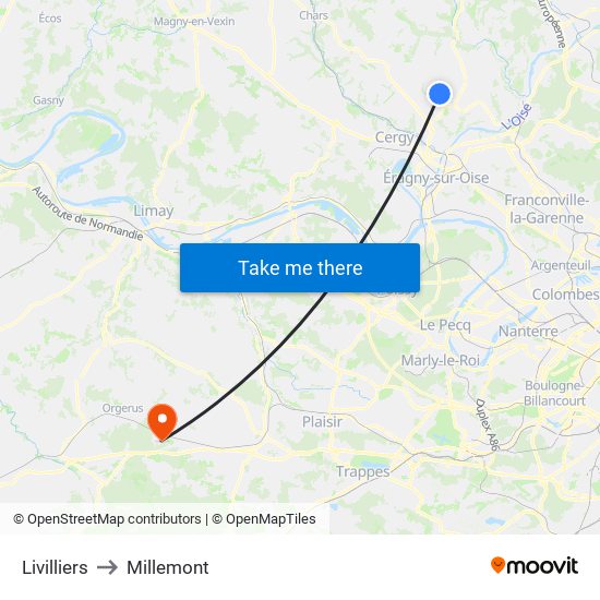 Livilliers to Millemont map