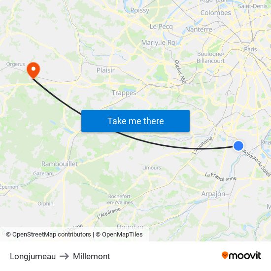 Longjumeau to Millemont map