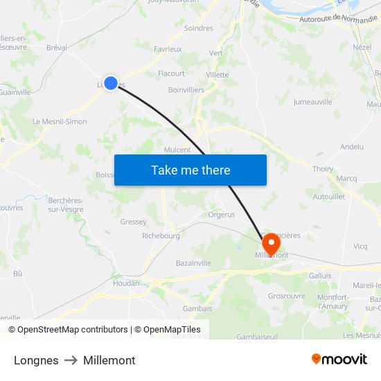 Longnes to Millemont map