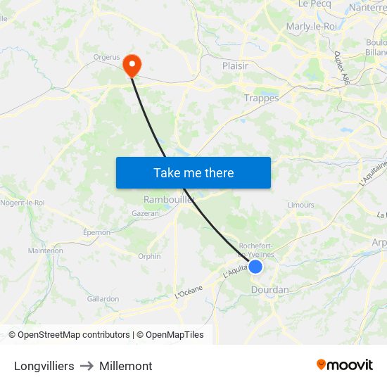 Longvilliers to Millemont map