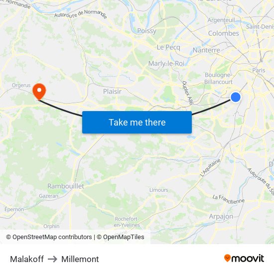 Malakoff to Millemont map