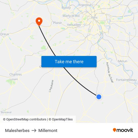 Malesherbes to Millemont map