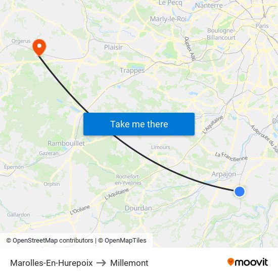 Marolles-En-Hurepoix to Millemont map