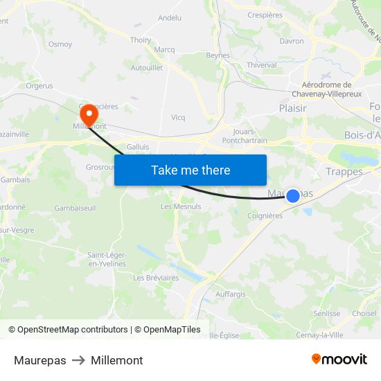 Maurepas to Millemont map