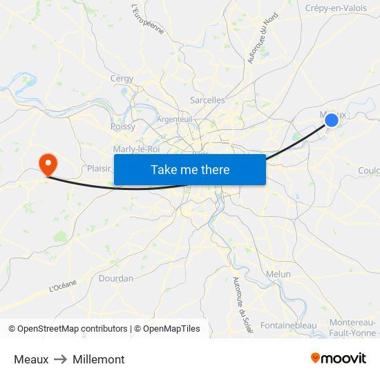 Meaux to Millemont map