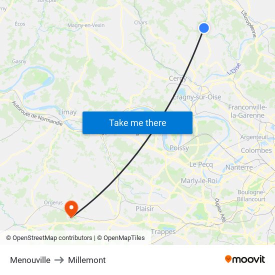 Menouville to Millemont map