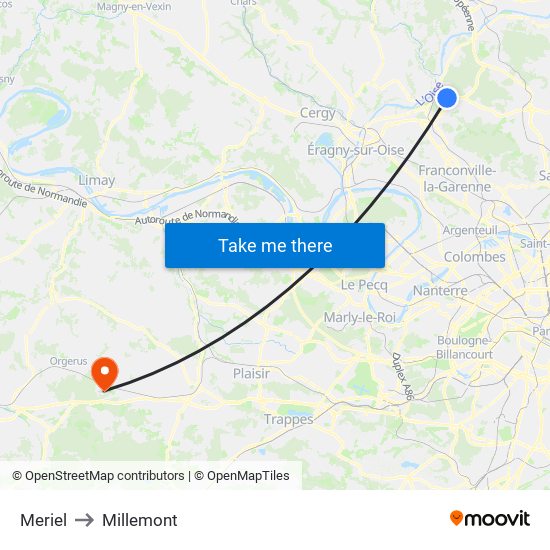 Meriel to Millemont map