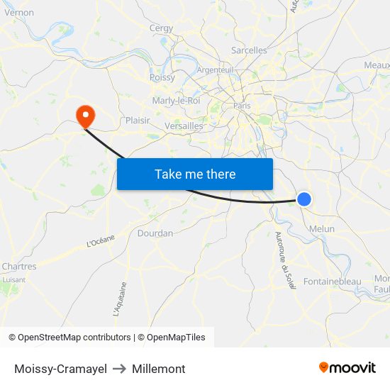 Moissy-Cramayel to Millemont map