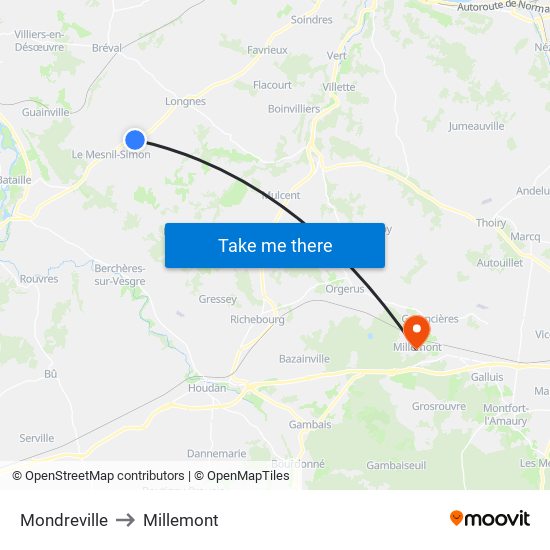 Mondreville to Millemont map