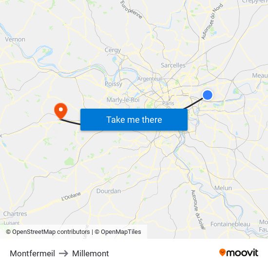 Montfermeil to Millemont map