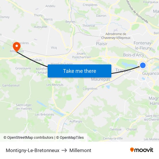 Montigny-Le-Bretonneux to Millemont map