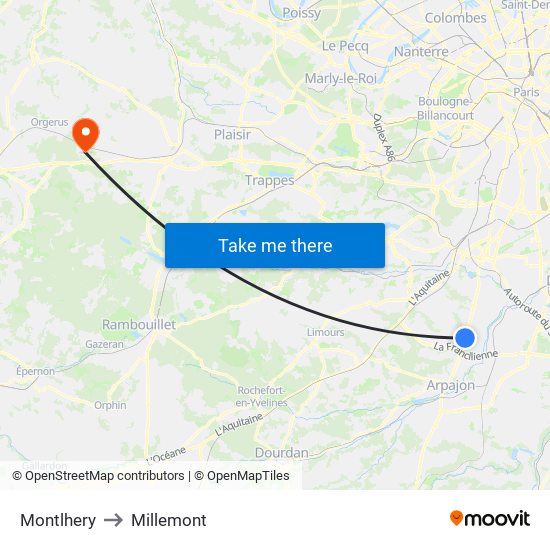 Montlhery to Millemont map
