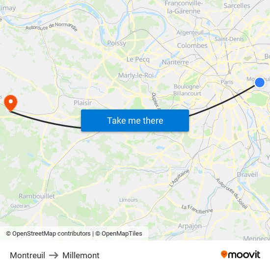 Montreuil to Millemont map