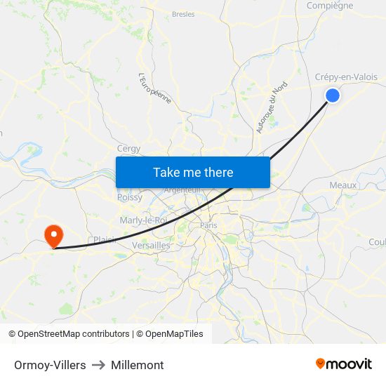Ormoy-Villers to Millemont map