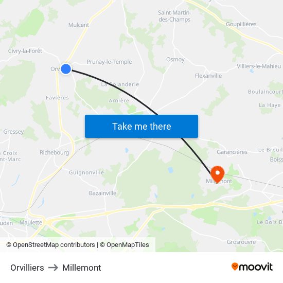 Orvilliers to Millemont map