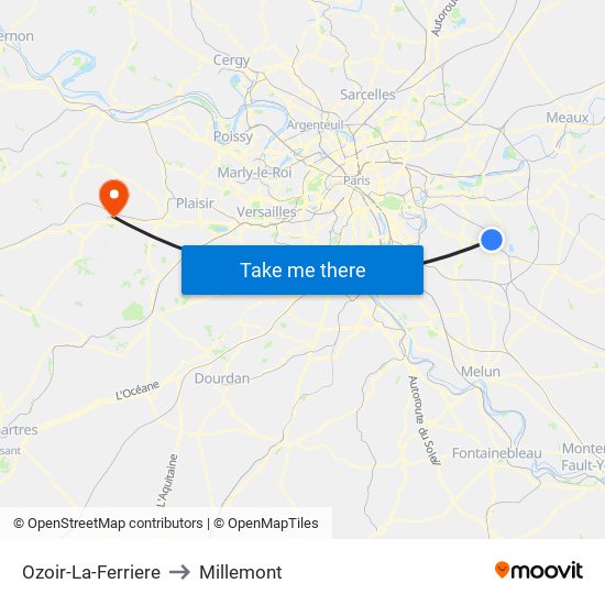 Ozoir-La-Ferriere to Millemont map