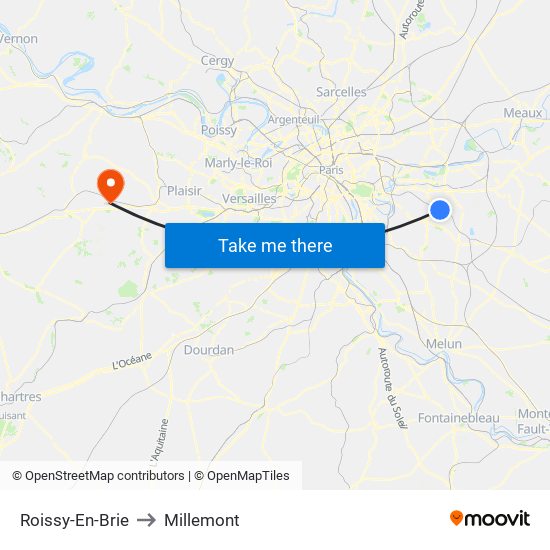 Roissy-En-Brie to Millemont map