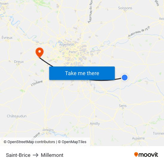 Saint-Brice to Millemont map
