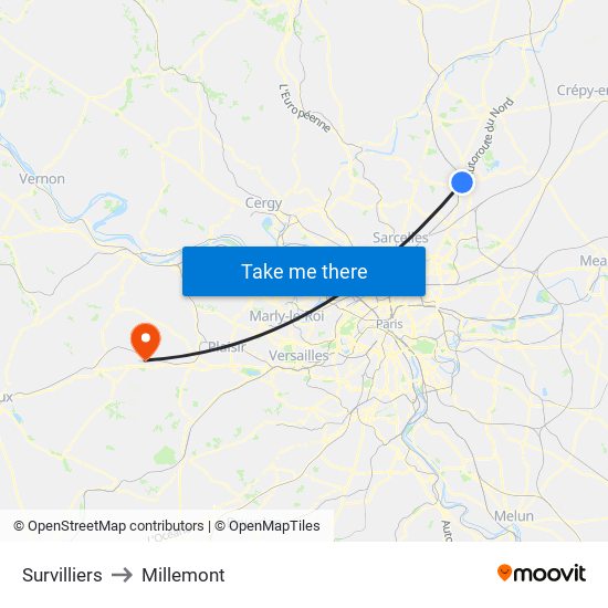 Survilliers to Millemont map