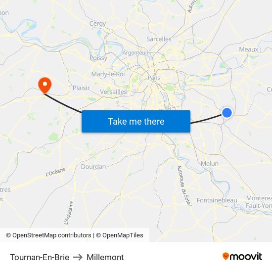 Tournan-En-Brie to Millemont map