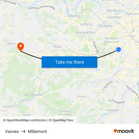 Vanves to Millemont map