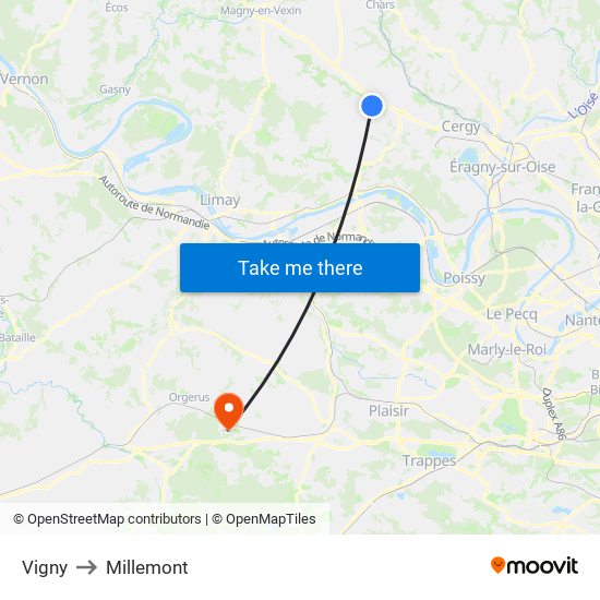 Vigny to Millemont map
