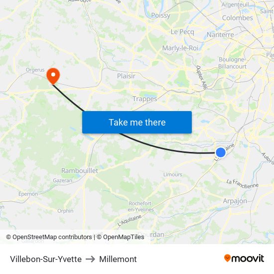 Villebon-Sur-Yvette to Millemont map